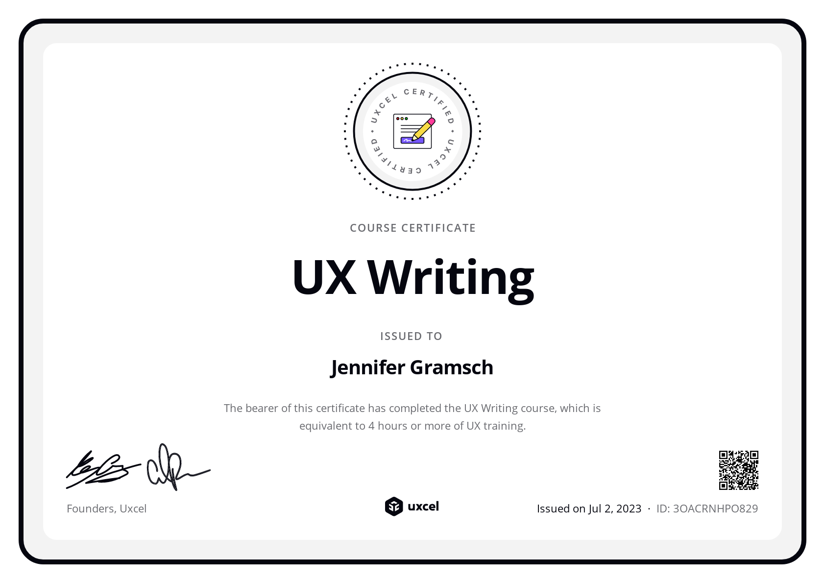 Jennifer Gramsch's certificate